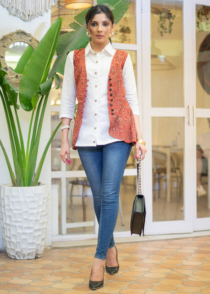 Classy White Cotton Shirt with Maroon Ajrakh Waist Coat