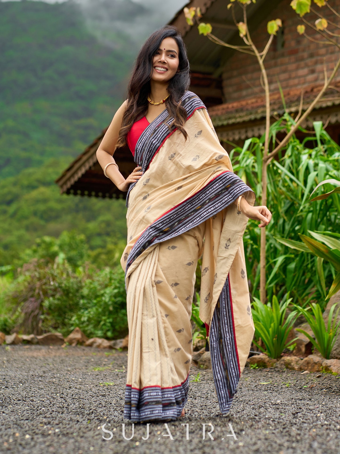 Beige cotton saree enriched with traditional Ikat border and Jamdani accents