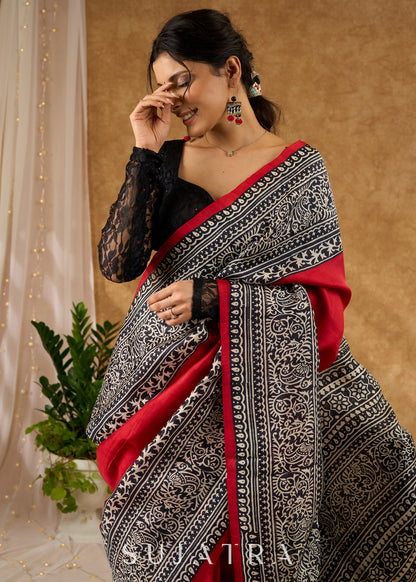 Timeless Maroon Pure Silk Intricate Hand Block Printed Saree