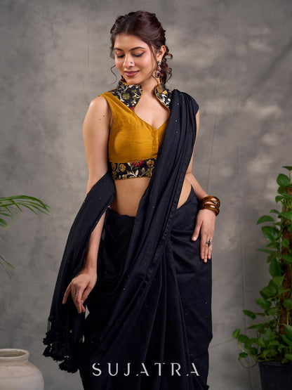 Mustard Cotton Silk Sleeveless Blouse with Black Floral Benarasi Brocade Collar and Hem Border