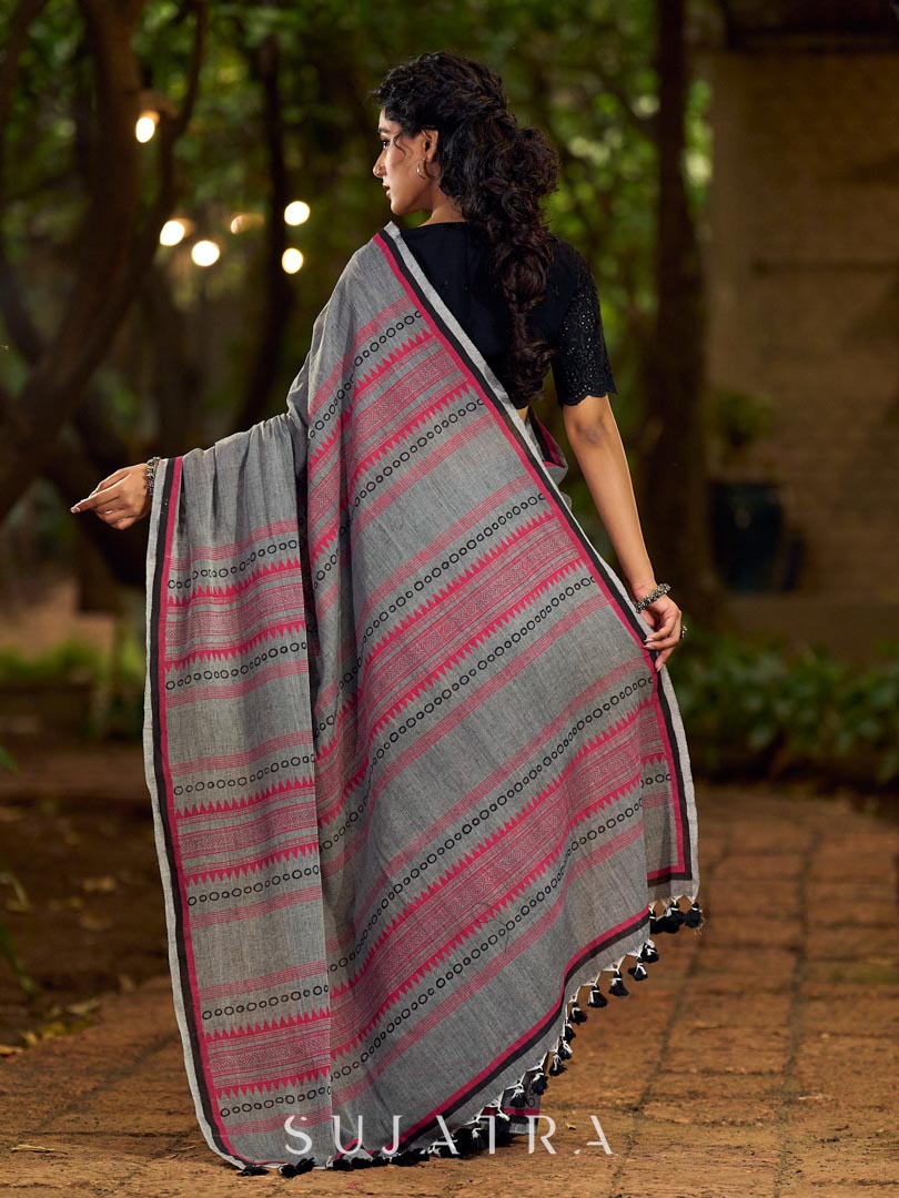 Poised Grey Cotton Saree with Classic Hand Block Printed Borders
