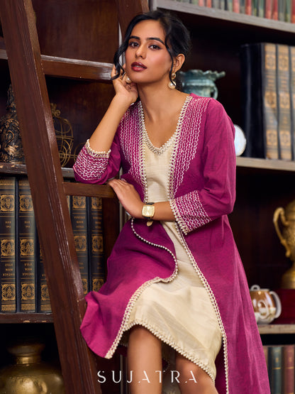 Artisanal Handloom Cotton Magenta Jacket Highlighted With Geometric Embroidery And Pearl Accents - Off white dress Optional