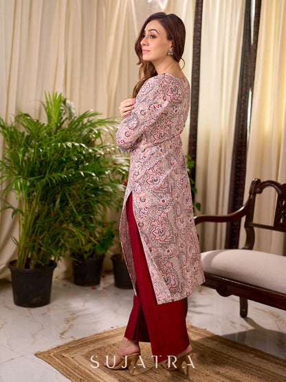 Pastel Peach Floral Hand Block Print Cotton Kurta with Grey Jacquard Cuffs & Yoke with Contrast Maroon Detailing