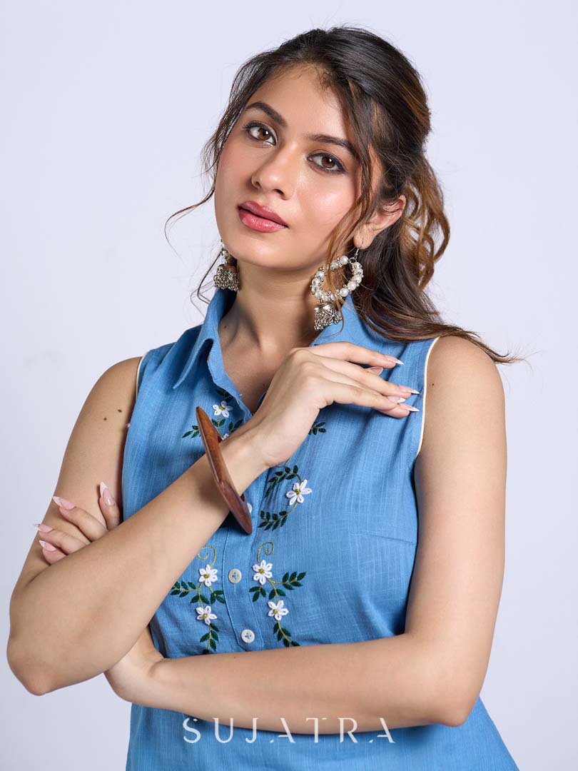 Sky Blue Sleeveless Collared Top with Exquisite Hand Embroidered Florals