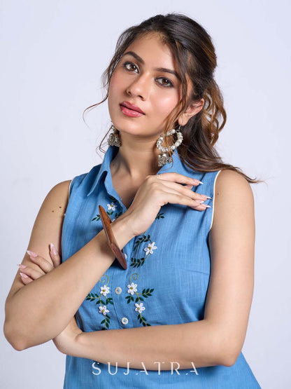 Sky Blue Sleeveless Collared Top with Exquisite Hand Embroidered Florals
