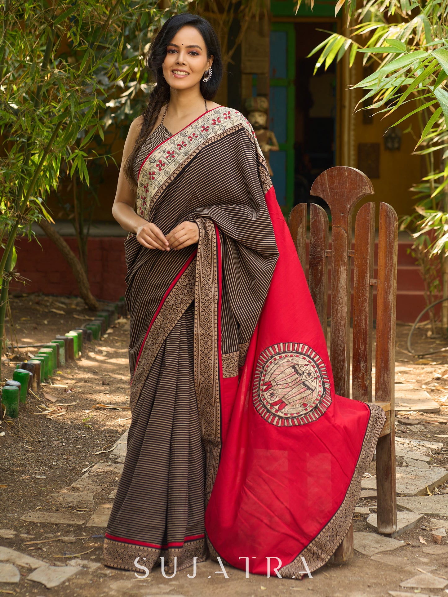 Striped Ajrakh & Madhubani hand painted combination exclusive fusion saree