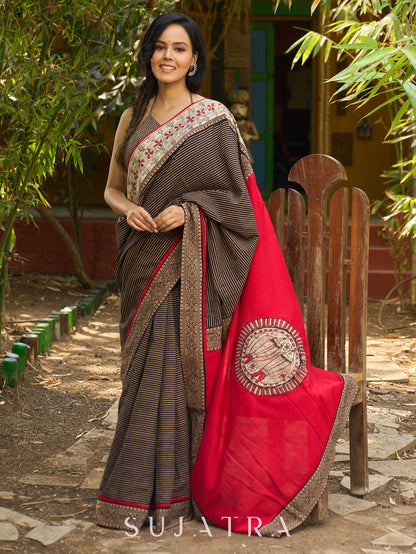 Striped Ajrakh & Madhubani hand painted combination exclusive fusion saree