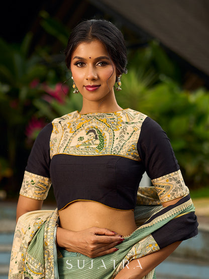 Classic Black Cotton Silk Blouse with Madhubani Yoke