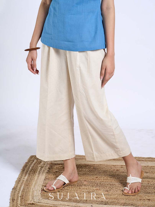 Off White Cotton Flex Smart Fit Pleated Bottoms