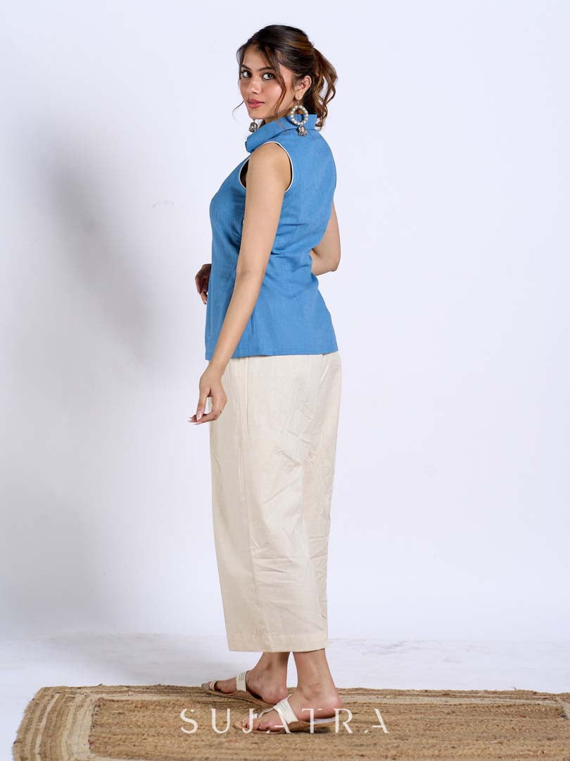 Sky Blue Sleeveless Collared Top with Exquisite Hand Embroidered Florals