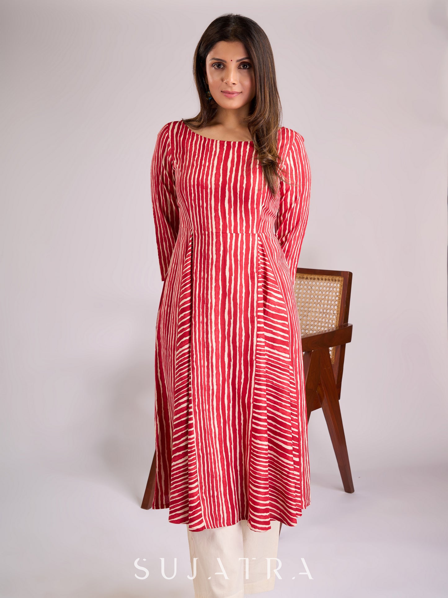 Elegant and flowy Red & White Striped Viscose Flared Kurta