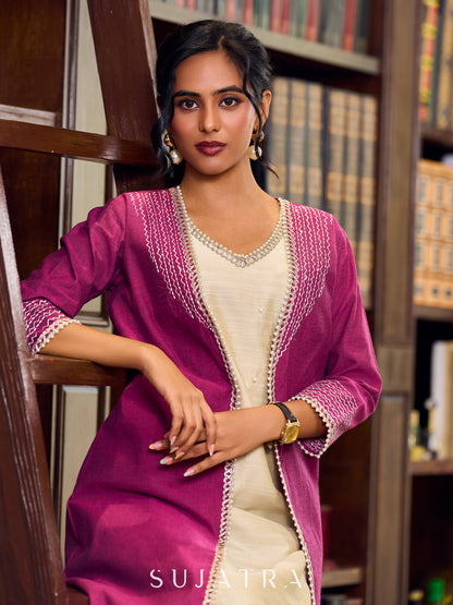 Artisanal Handloom Cotton Magenta Jacket Highlighted With Geometric Embroidery And Pearl Accents - Off white dress Optional