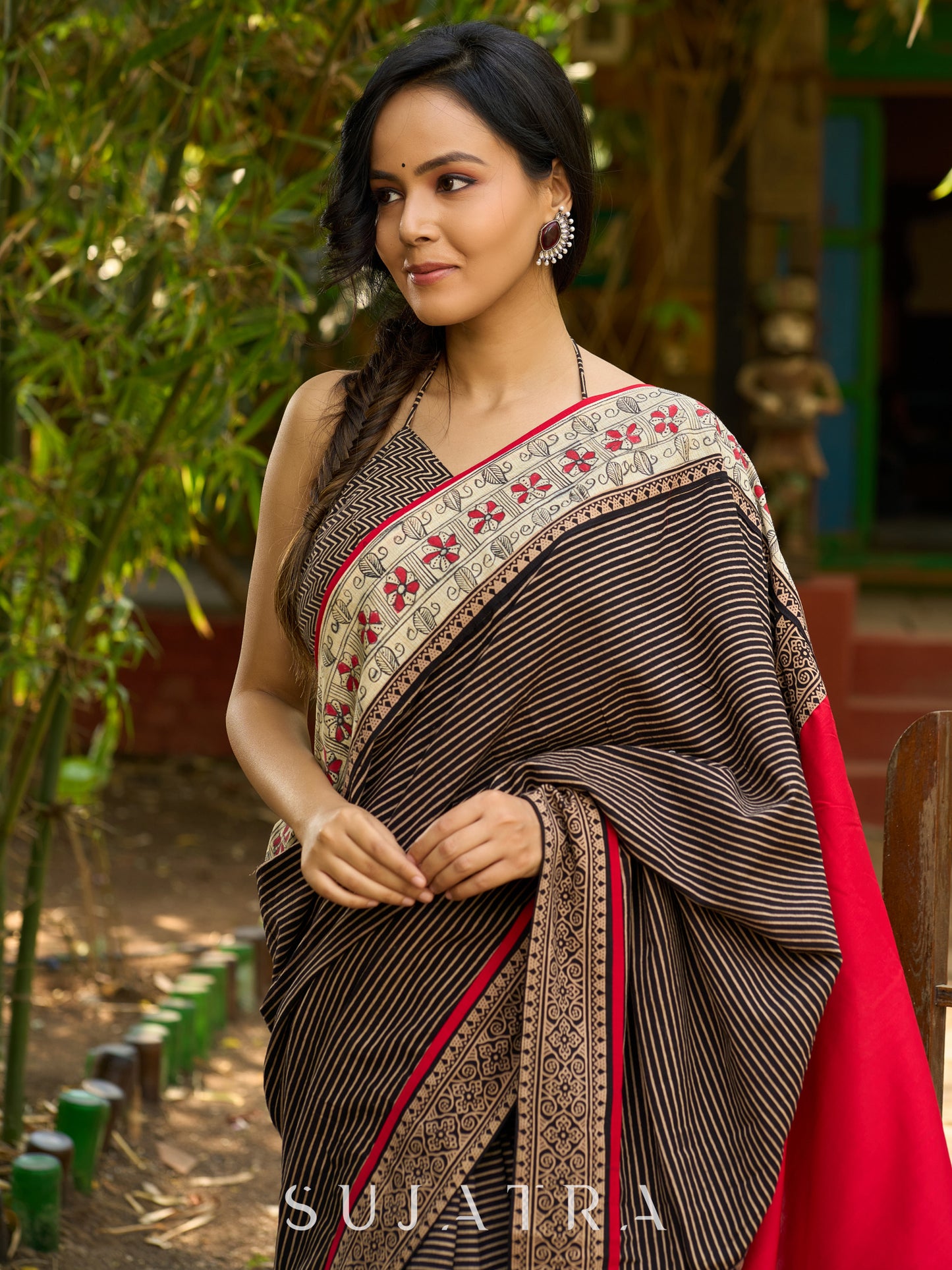 Striped Ajrakh & Madhubani hand painted combination exclusive fusion saree