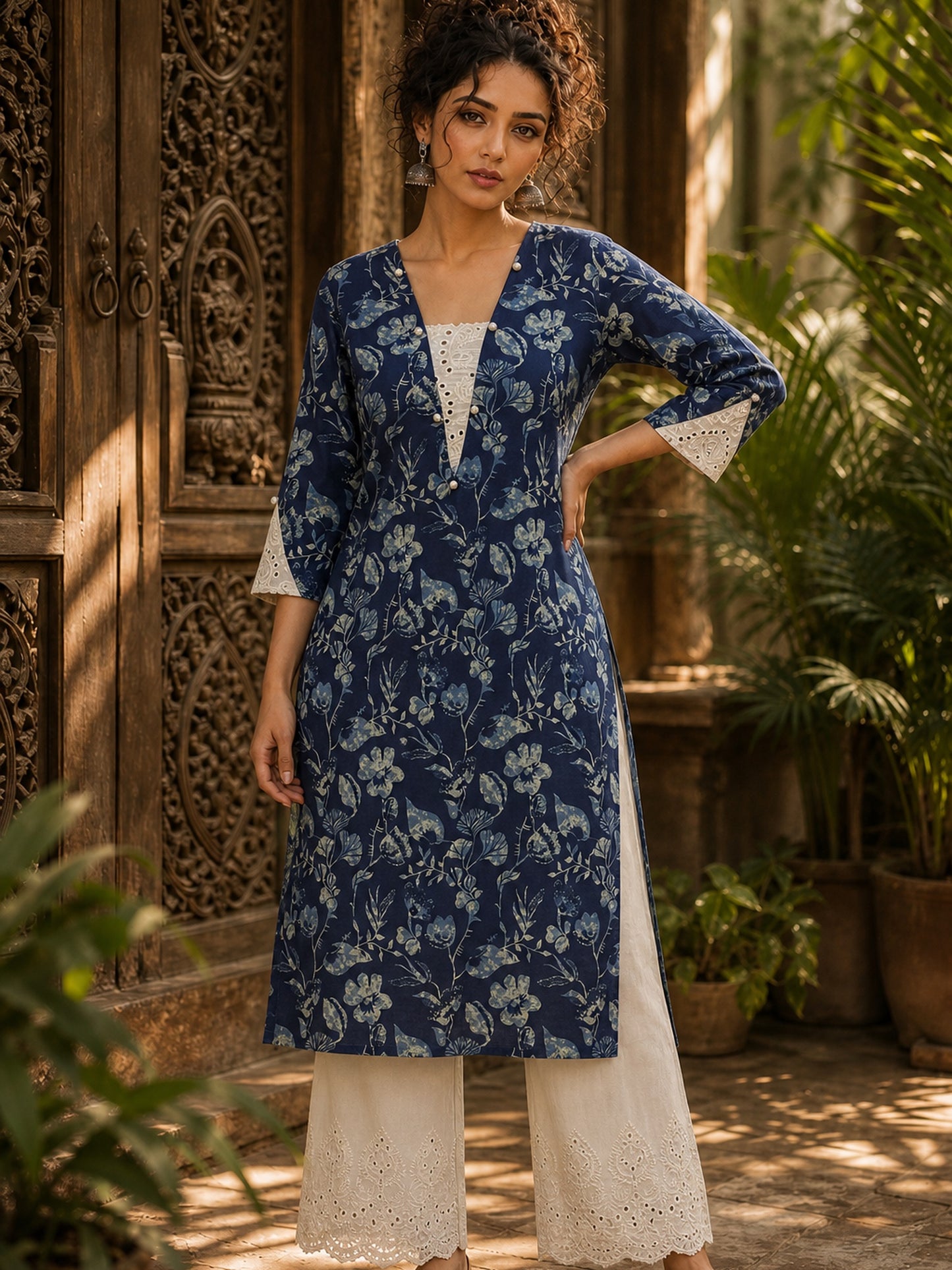 Bold Navy Blue Floral Print Kurta with Ivory Hakoba Cuffs & Pearl Embellished Placket