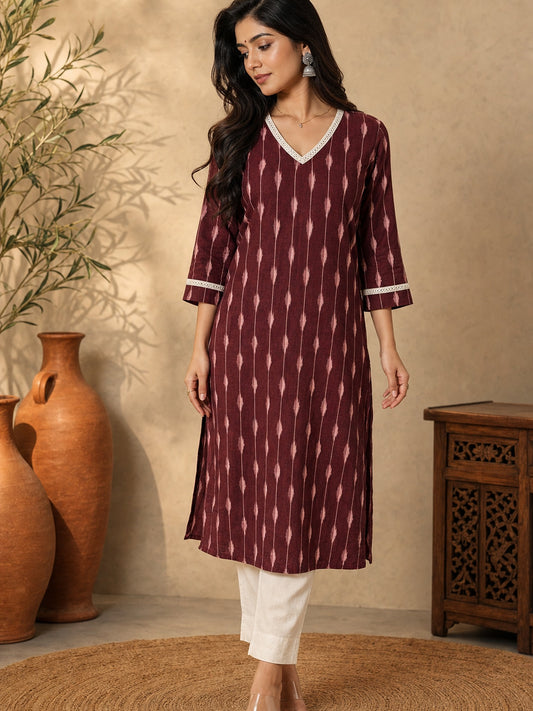 Deep Maroon Ikat Cotton Kurta with Detailed Neckline & Sleeves