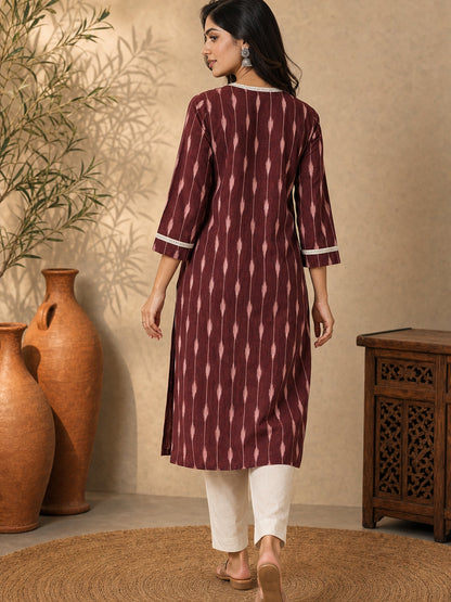 Deep Maroon Ikat Cotton Kurta with Detailed Neckline & Sleeves