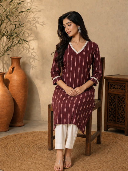 Deep Maroon Ikat Cotton Kurta with Detailed Neckline & Sleeves