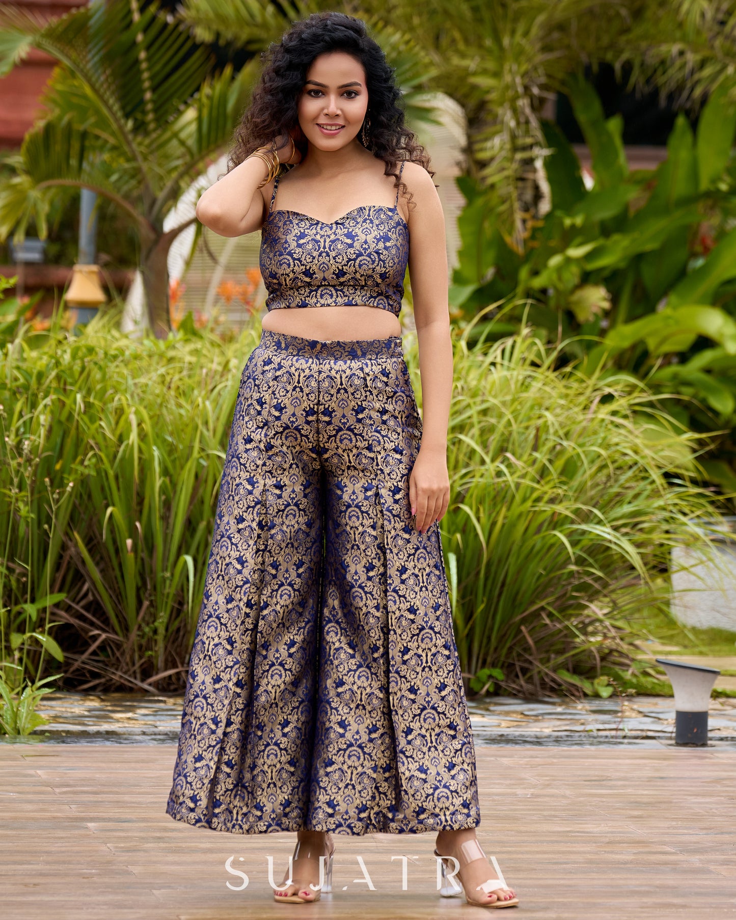 Brocade Blouse & Pleated Brocade Pants with Additional Brown Sheer Tunic (Bundle Testing)