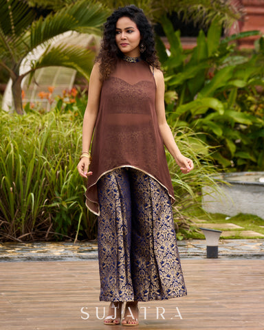 Brocade Blouse & Pleated Brocade Pants with Additional Brown Sheer Tunic