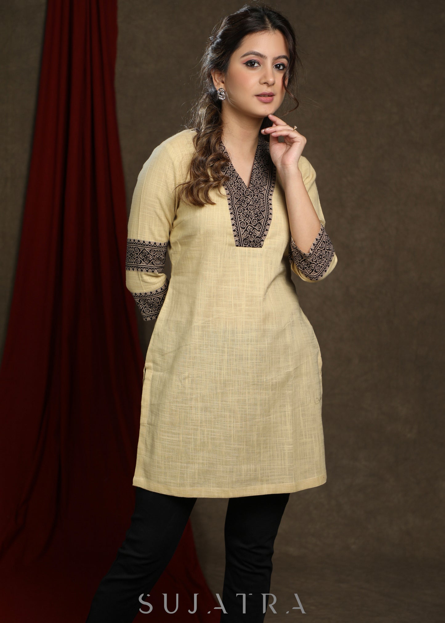 Elegant ochre yellow cotton tunic with ajrakh combination