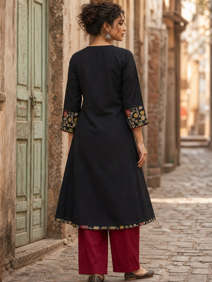 Graceful Black Cotton Silk Angarkha Kurta with Embroidered Neckline & Floral Brocade Cuffs