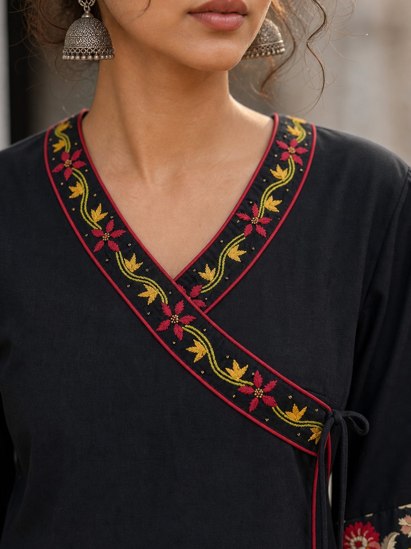 Graceful Black Cotton Silk Angarkha Kurta with Embroidered Neckline & Floral Brocade Cuffs
