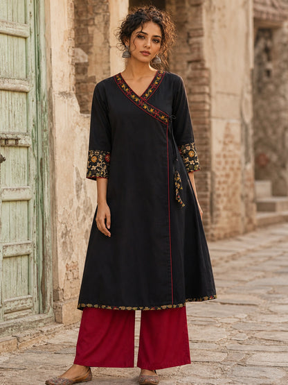 Graceful Black Cotton Silk Angarkha Kurta with Embroidered Neckline & Floral Brocade Cuffs