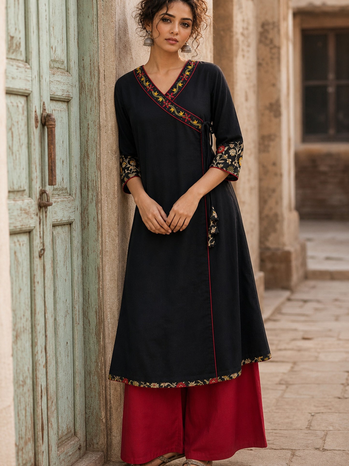 Graceful Black Cotton Silk Angarkha Kurta with Embroidered Neckline & Floral Brocade Cuffs