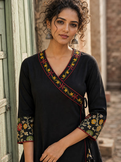 Graceful Black Cotton Silk Angarkha Kurta with Embroidered Neckline & Floral Brocade Cuffs