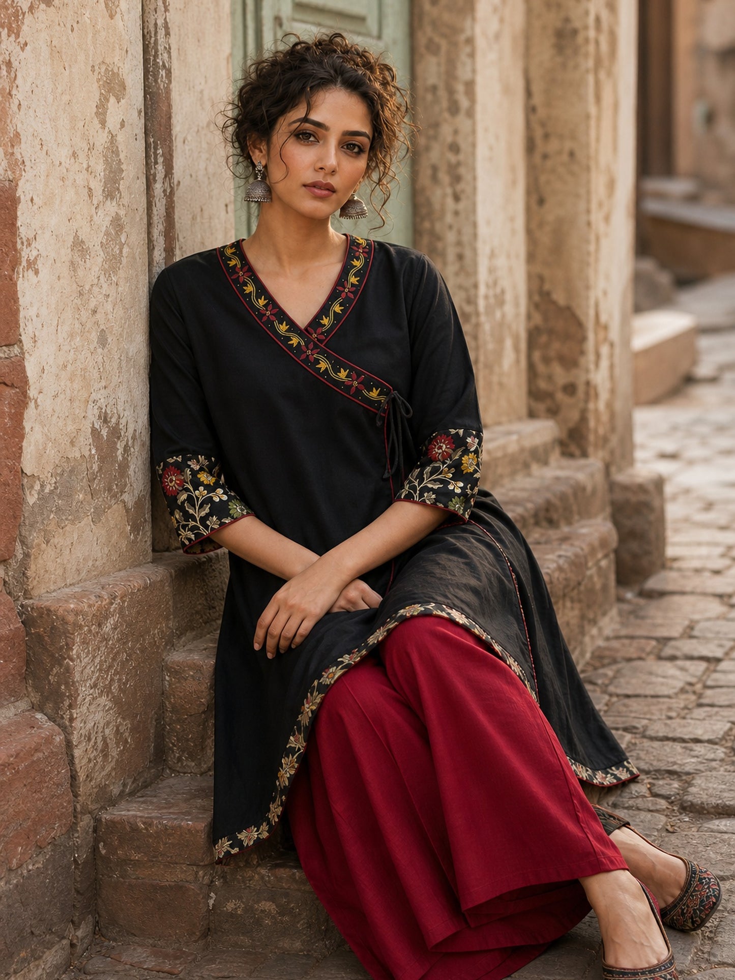 Graceful Black Cotton Silk Angarkha Kurta with Embroidered Neckline & Floral Brocade Cuffs
