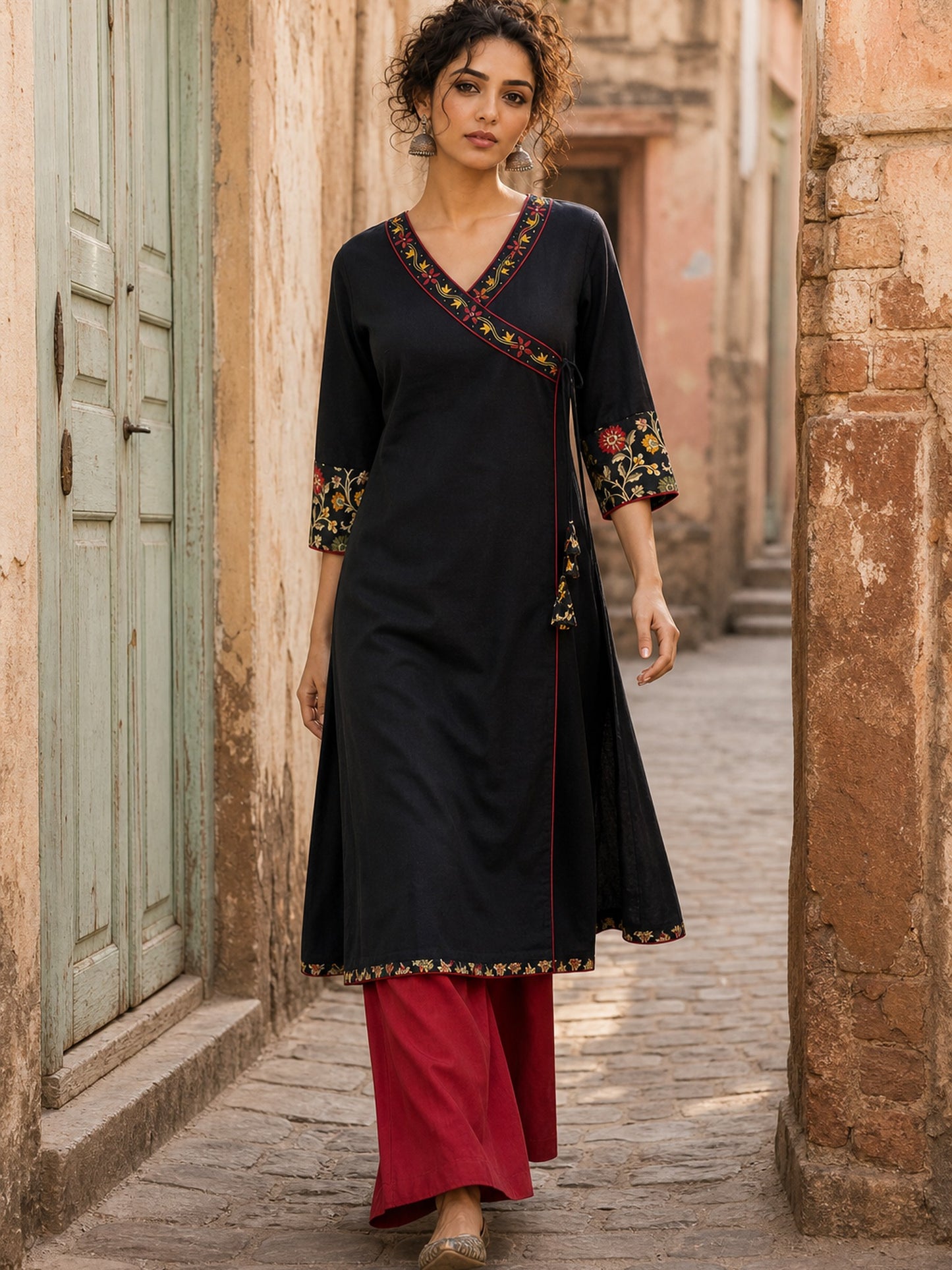 Graceful Black Cotton Silk Angarkha Kurta with Embroidered Neckline & Floral Brocade Cuffs