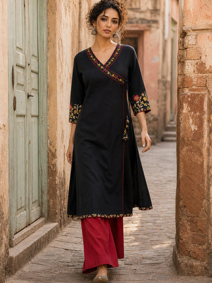 Graceful Black Cotton Silk Angarkha Kurta with Embroidered Neckline & Floral Brocade Cuffs