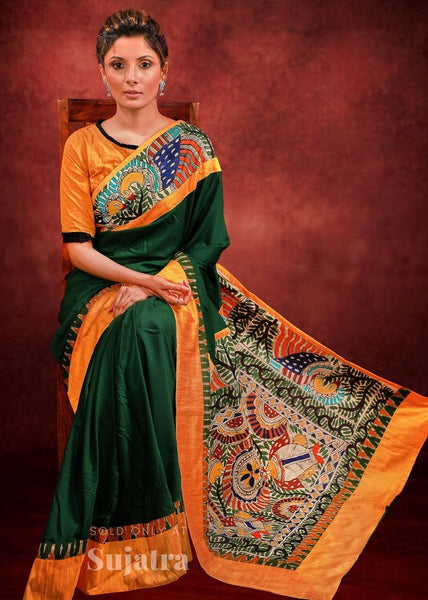 Forest Green Crepe Satin saree with handpainted madhubani border pallu