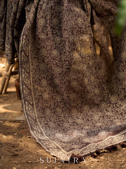 Contemporary Brown Cotton Saree with All-Over Floral Print