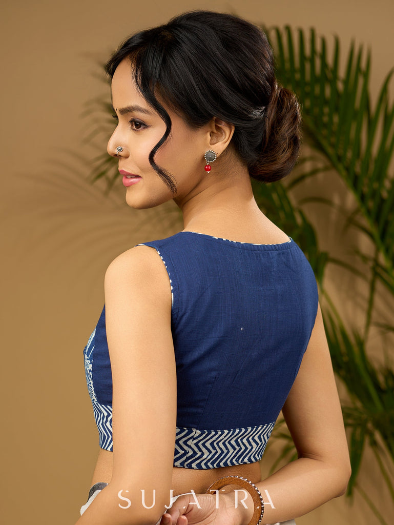 Unique indigo patchwork cotton sleeveless blouse.