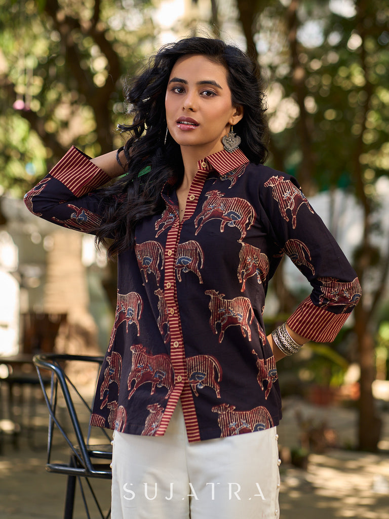Artisan Black Ajrakh Cotton Shirt with Pichwai Animal Motifs and Highlighted Collar & Cuffs