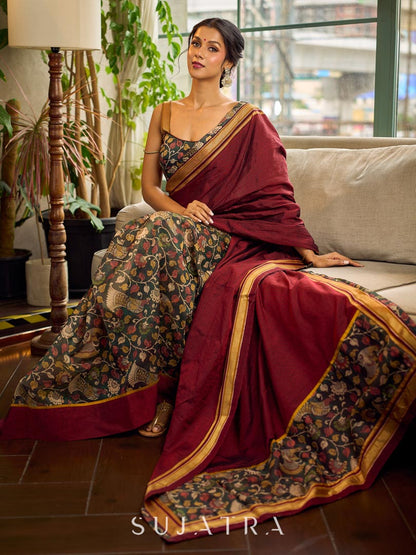 Timeless Dark Green Kalamkari Printed Chanderi Saree with Maroon Khun Pallu