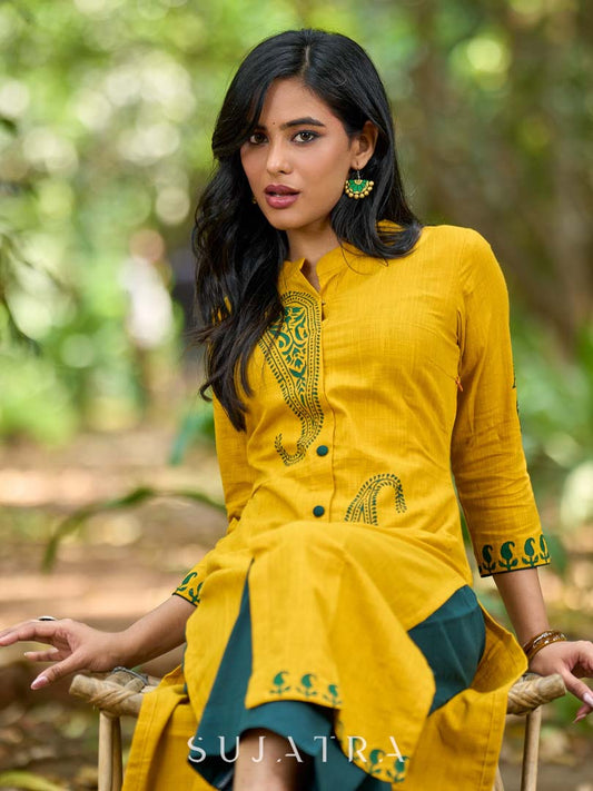 Warm Mustard Cotton Kurta with Timeless Paisley Print and Green Detailing