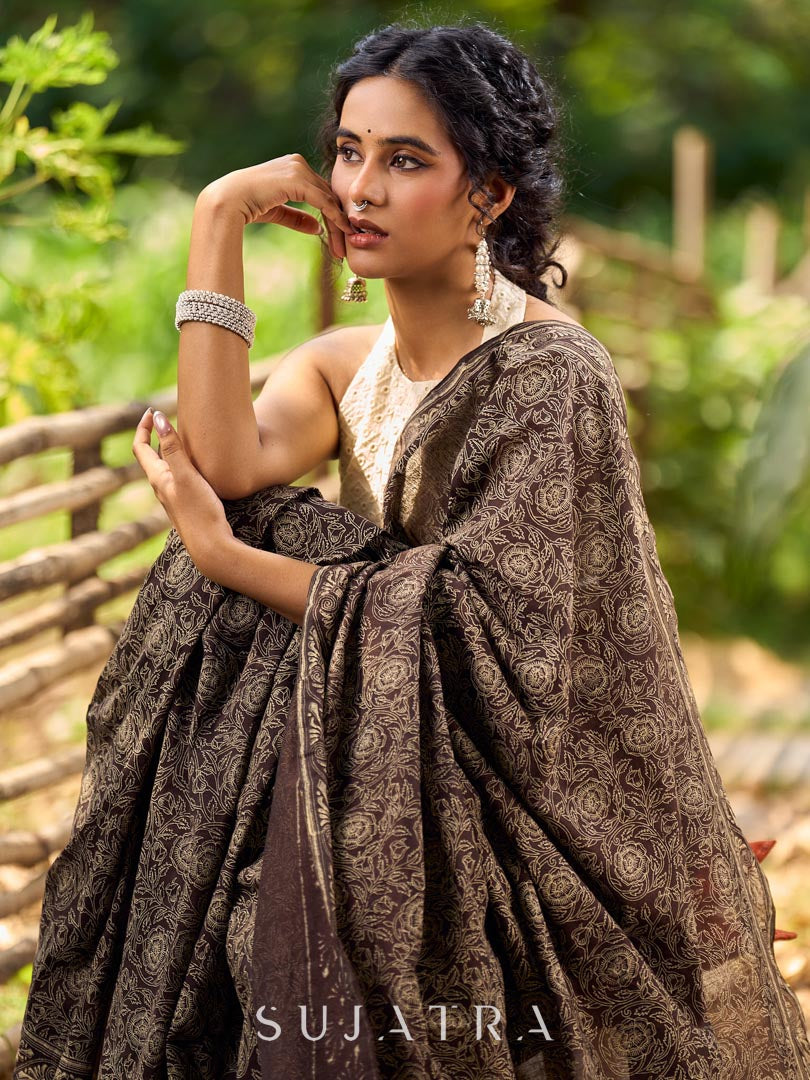 Contemporary Brown Cotton Saree with All-Over Floral Print