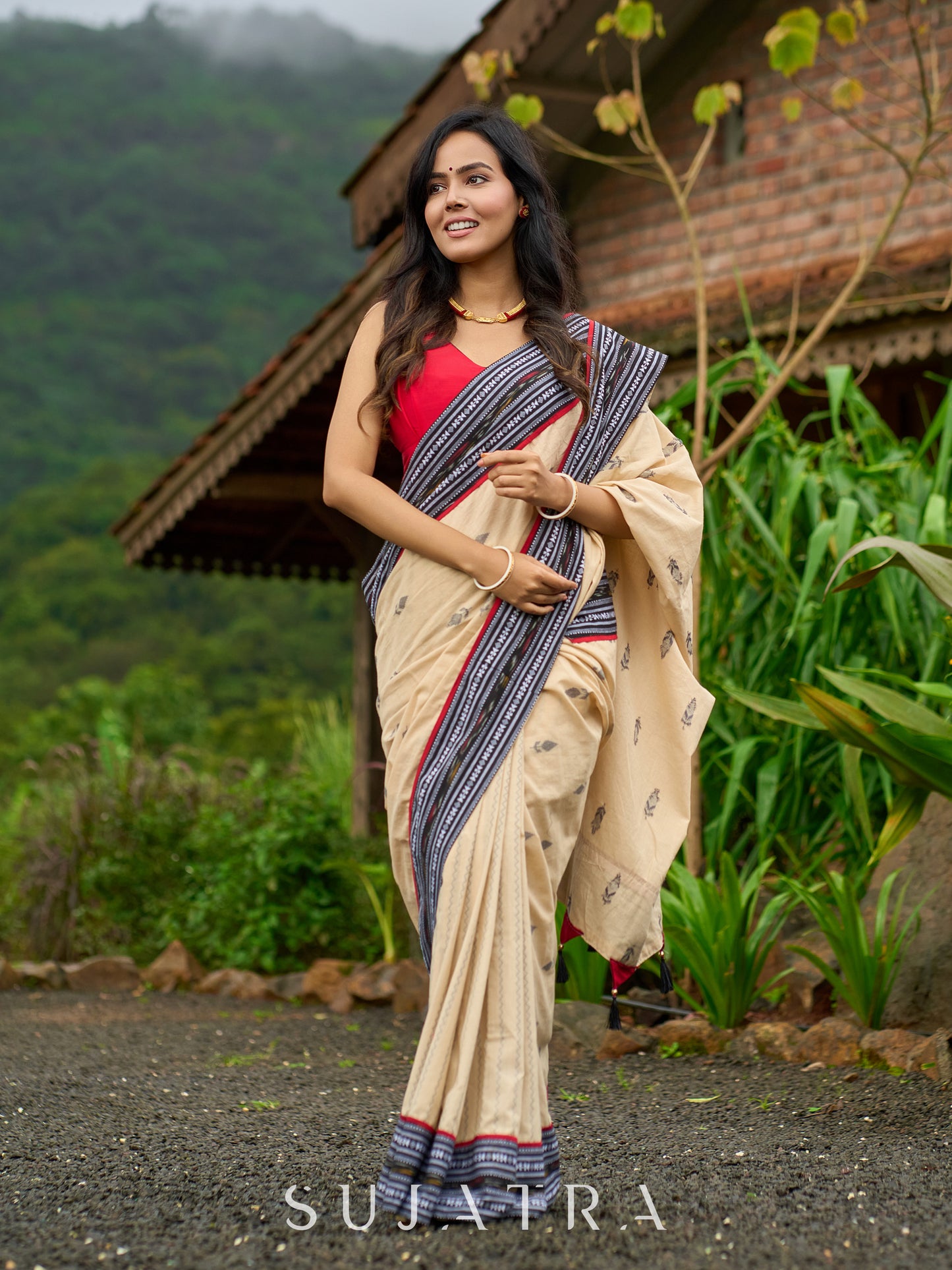 Beige cotton saree enriched with traditional Ikat border and Jamdani accents