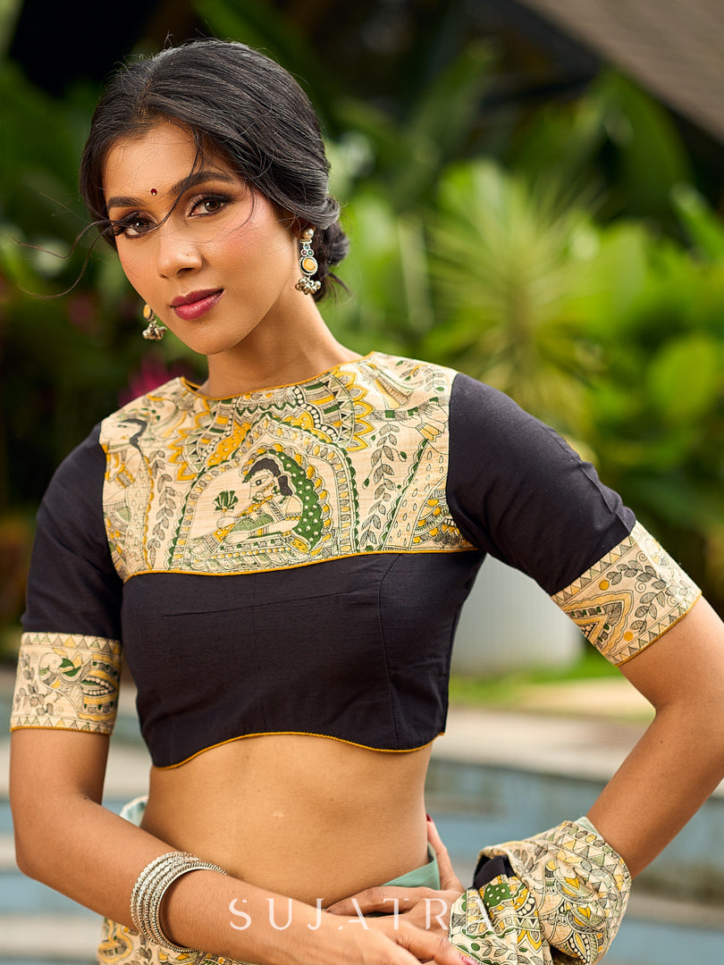 Vibrant Sage-Yellow Ombre Saree with Madhubani Print Border & Black Trim