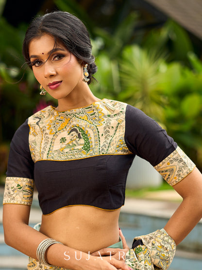 Vibrant Sage-Yellow Ombre Saree with Madhubani Print Border & Black Trim