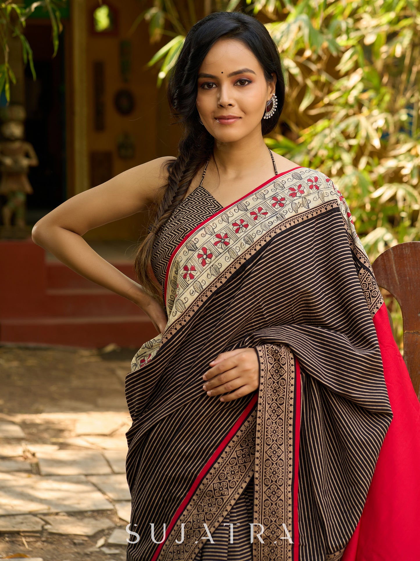 Striped Ajrakh & Madhubani hand painted combination exclusive fusion saree