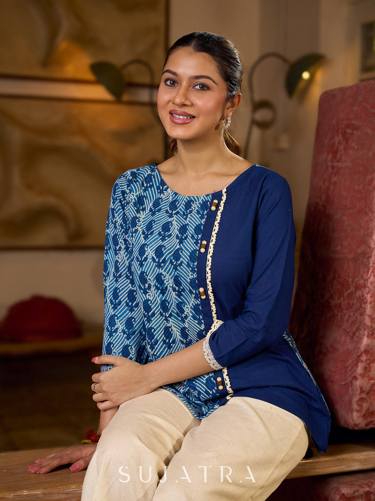 Indigo Paisley Printed Top Finished With Navy Blue Accents And A Refined Pearl Button Detail