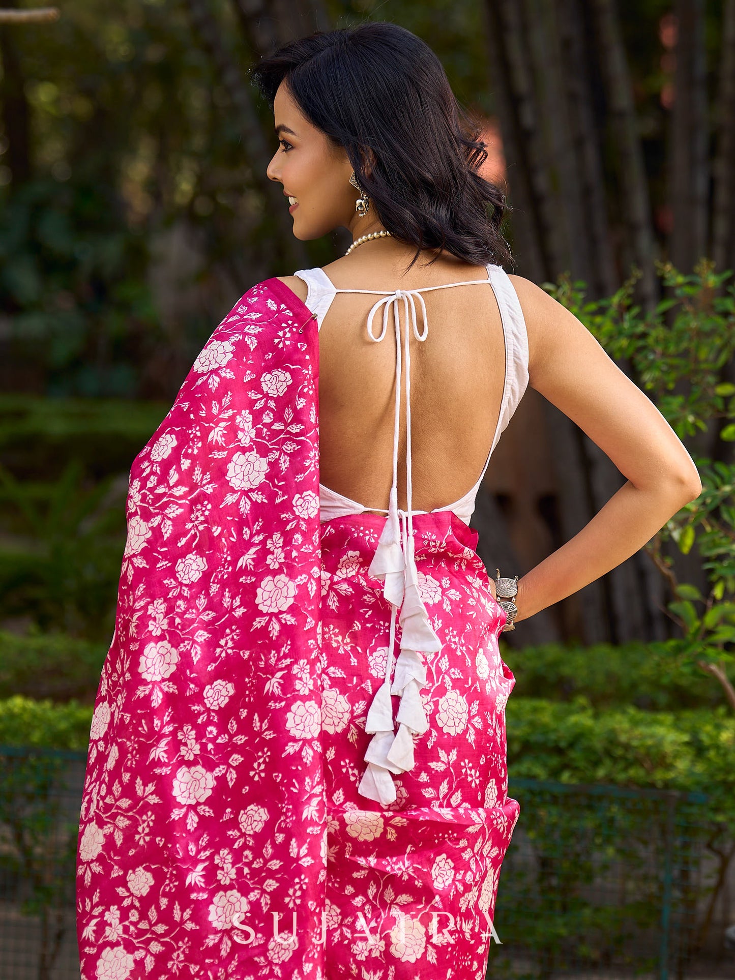 Ivory & Pink Tussar Silk Saree with Vibrant Floral Pallu