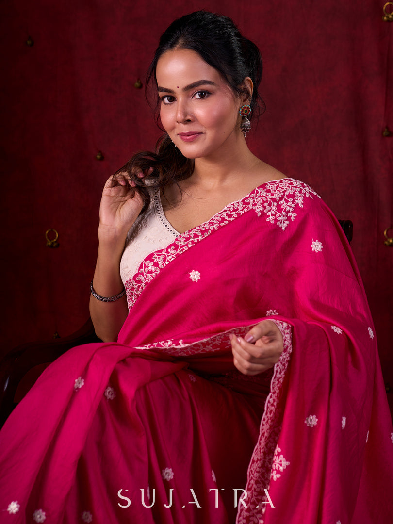 Vibrant Fuchsia Chanderi Saree with Intricate Embroidery & Scalloped Border