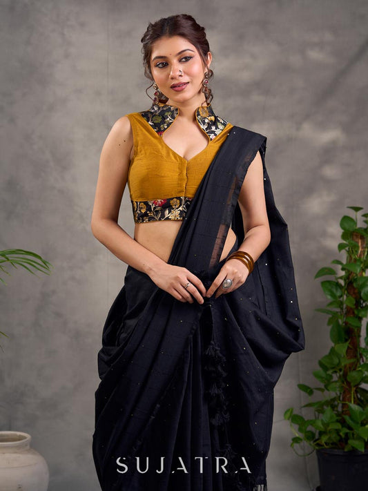 Chic Black Cotton Saree with All-over Sequins Embellishment