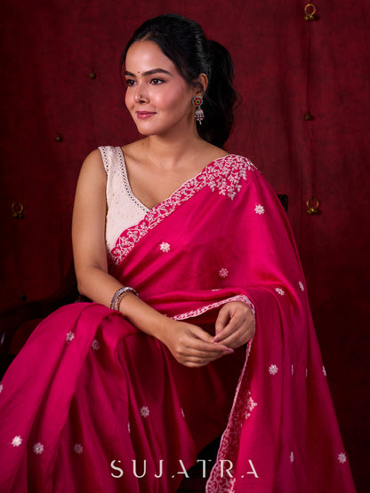 Vibrant Fuchsia Chanderi Saree with Intricate Embroidery & Scalloped Border