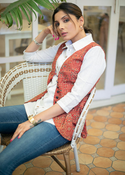 Classy White Cotton Shirt with Maroon Ajrakh Waist Coat