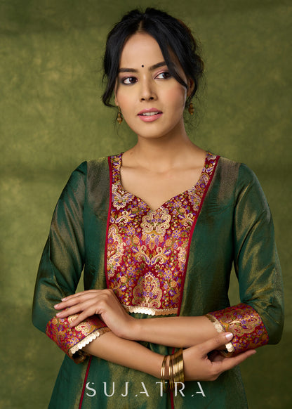 Beautiful Emerald Green Tissue Kurta With Brocade Details - Pant Optional